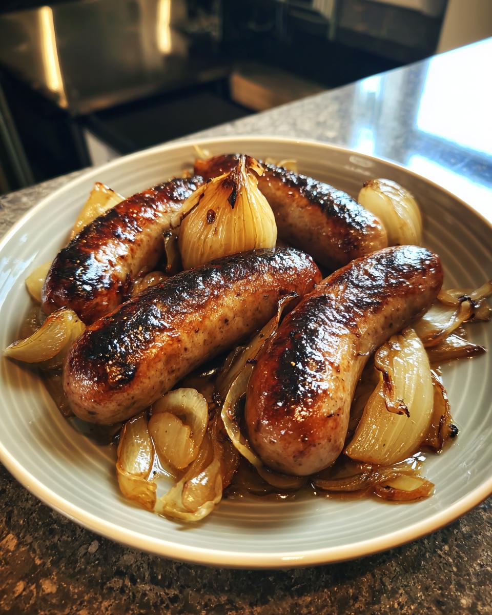A plate of delicious beer braised bratwurst served with golden caramelized onions.