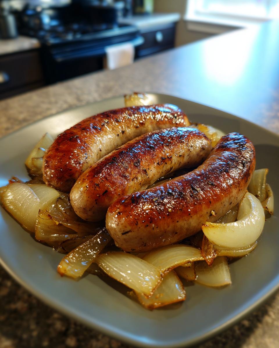 Three perfectly cooked beer braised bratwurst sausages served with sweet caramelized onions on a grey plate.