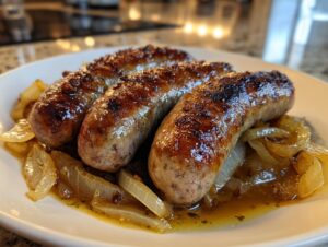 Three juicy beer braised bratwurst served on a bed of caramelized onions.