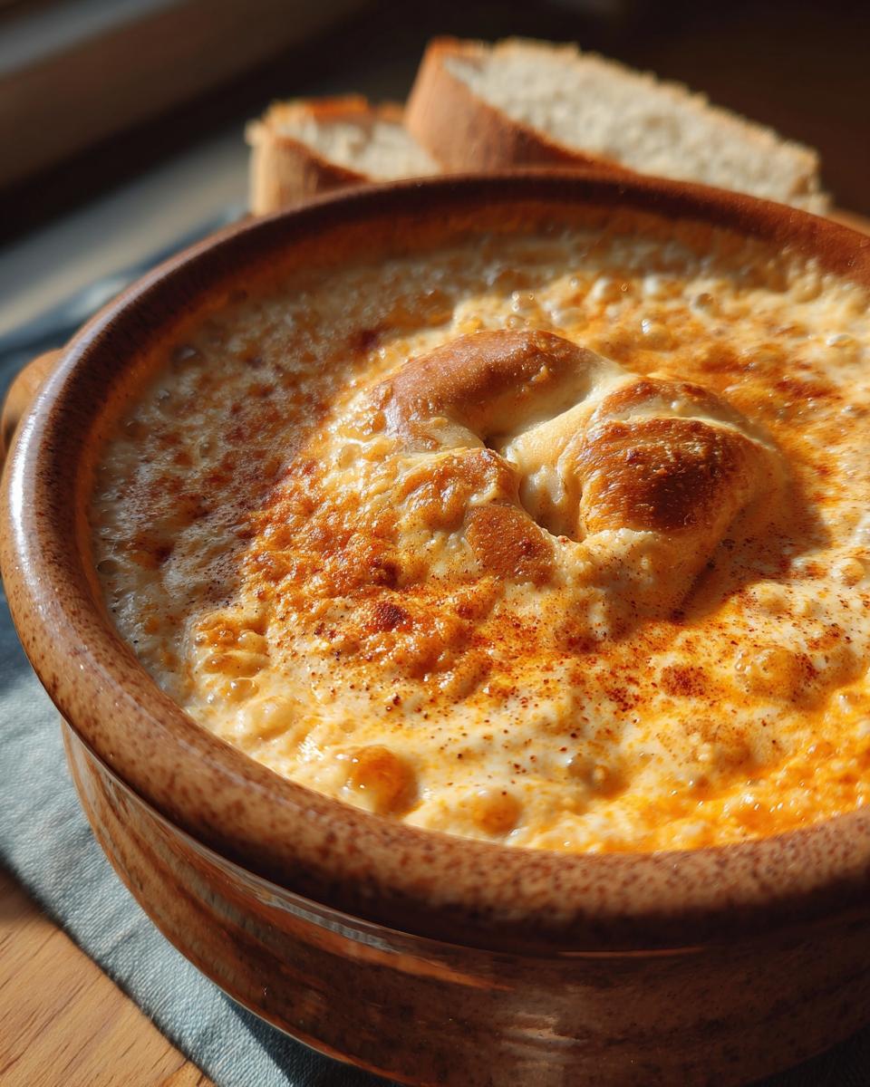 Close-up of a bubbly beer cheese pretzel dip in a rustic bowl, topped with a pretzel piece and paprika.