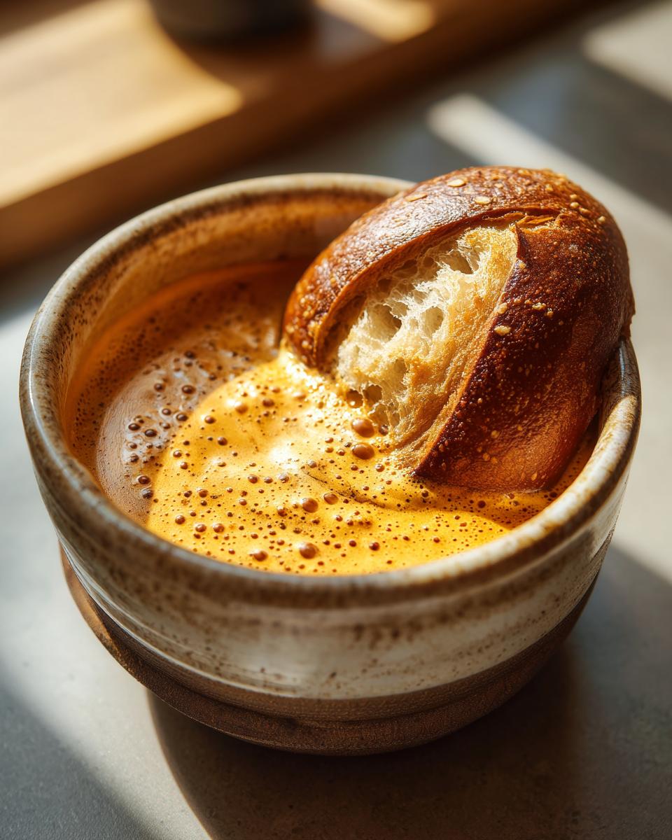 A piece of crusty bread dipped into a bowl of creamy beer cheese pretzel dip.