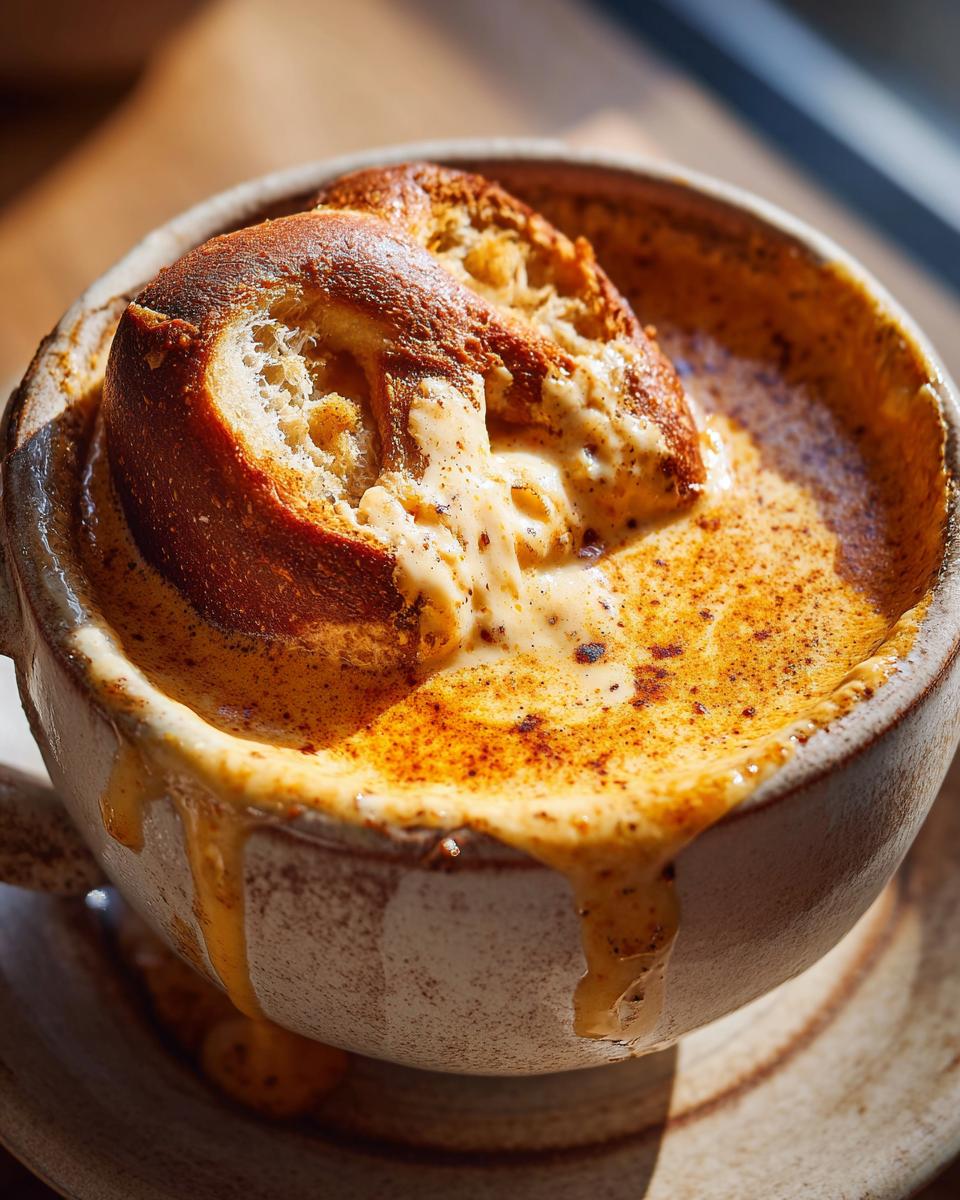 Close-up of a bowl of beer cheese pretzel dip with a piece of bread submerged in the creamy, cheesy mixture.