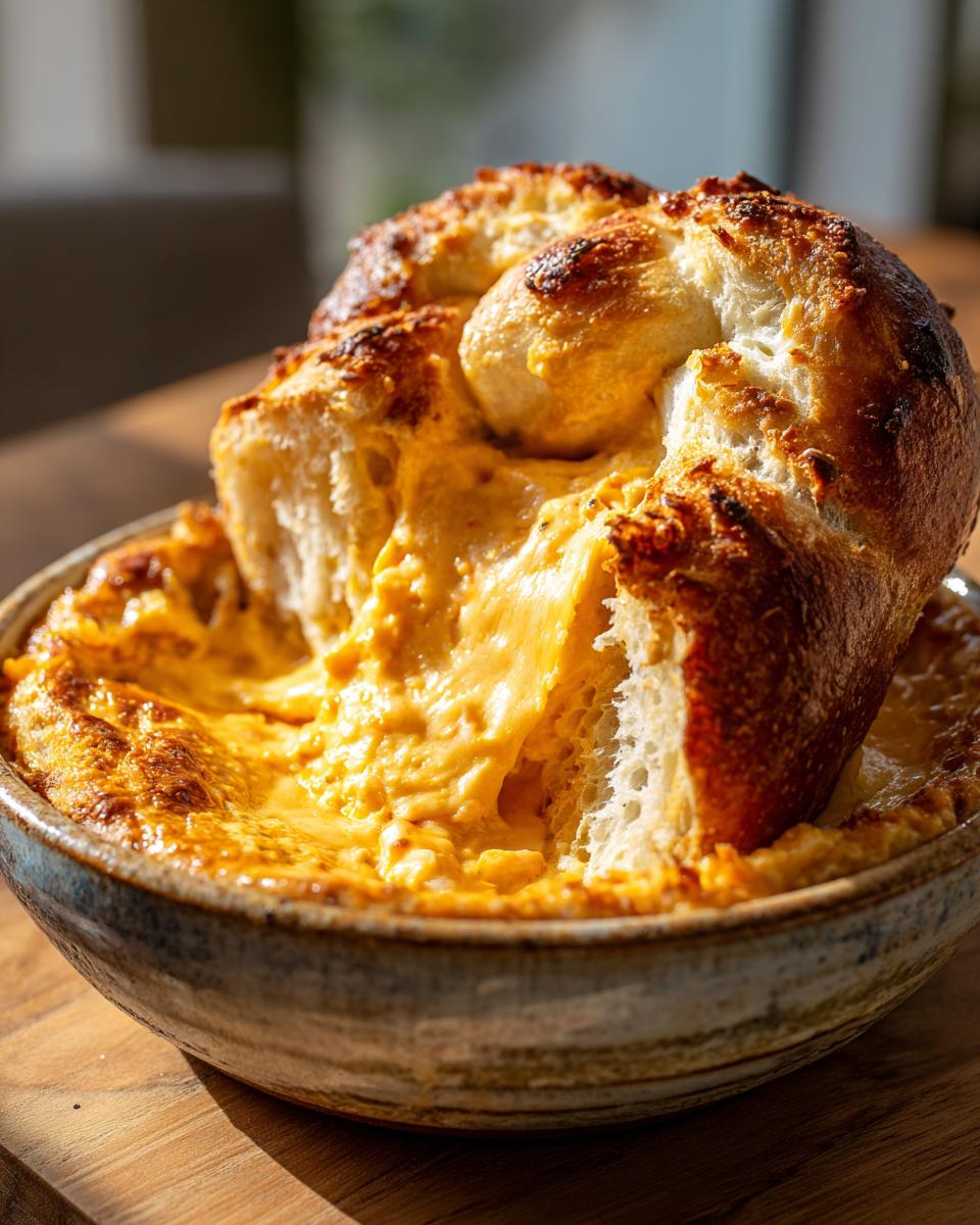 A piece of pretzel being dipped into a bowl of creamy beer cheese pretzel dip.