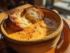 Close-up of a warm, silky beer cheese pretzel dip in a rustic bowl, topped with a piece of toasted bread.