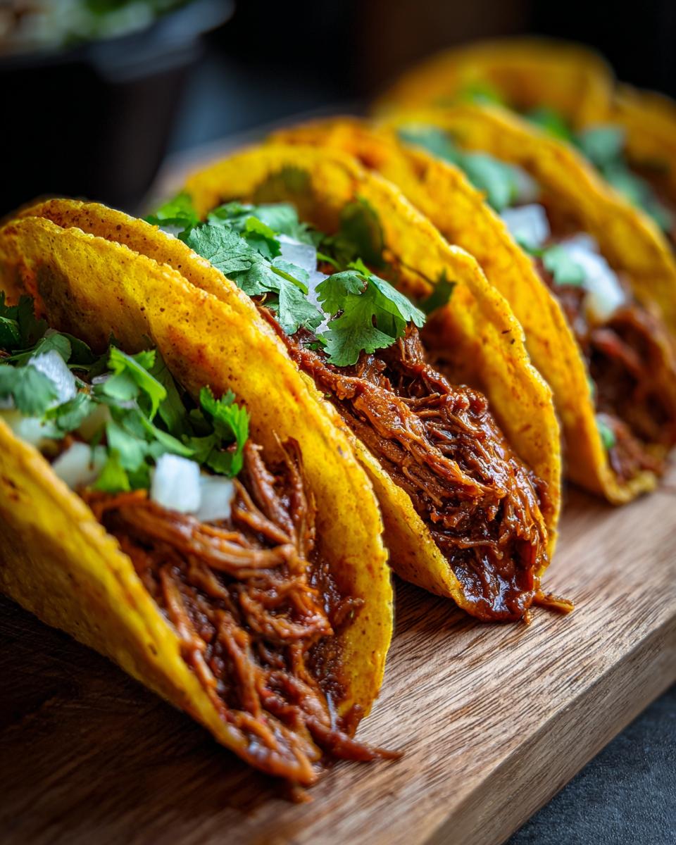 A close-up of three Birria tacos filled with shredded meat, topped with fresh cilantro and diced white onion.