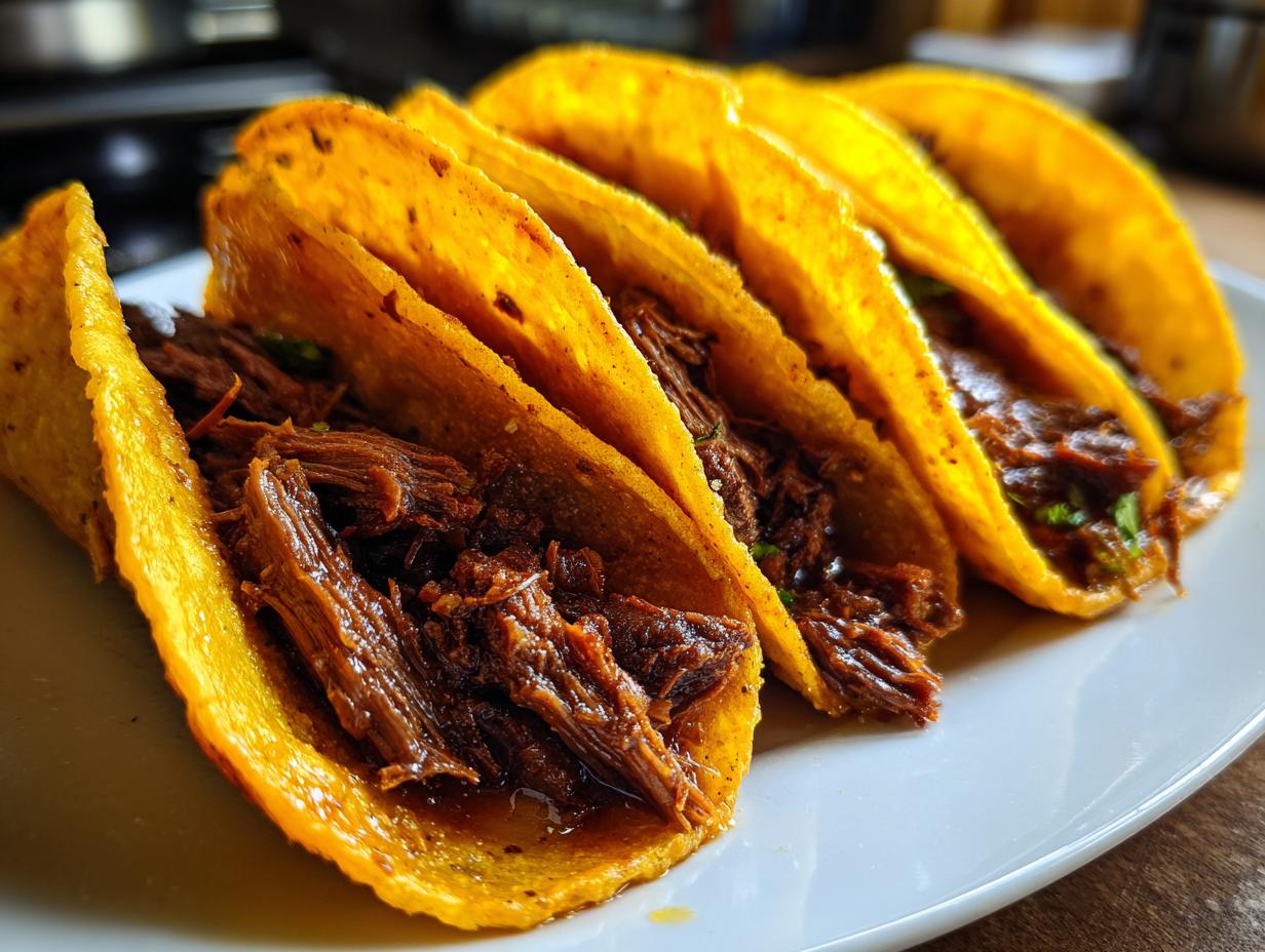 A close-up view of four golden-fried birria tacos filled with tender, shredded beef and cilantro.