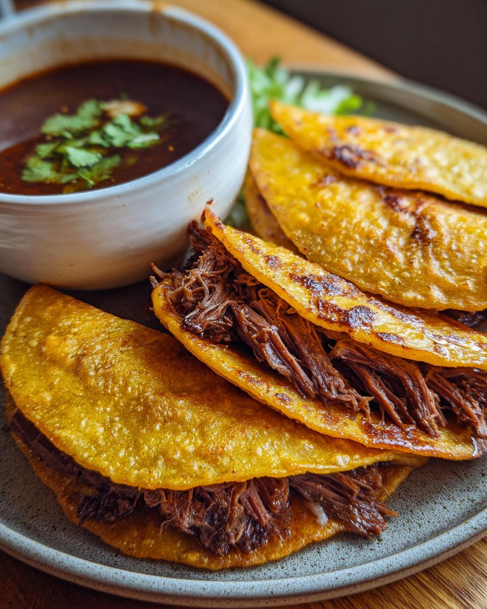 A plate of golden-brown Birria tacos filled with shredded beef, served with a side of rich consommé and garnished with cilantro.