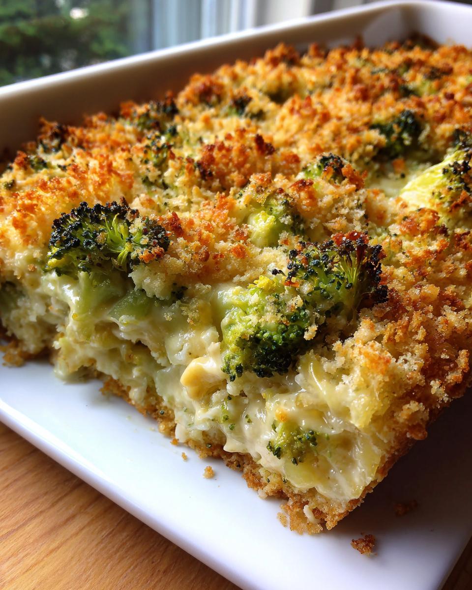 A close-up of a creamy broccoli cheese casserole with a golden-brown, crispy breadcrumb topping.