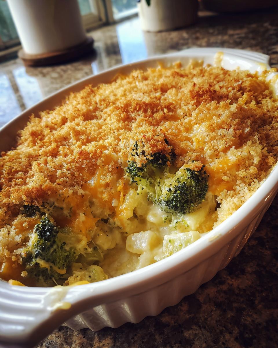 Close-up of a creamy broccoli cheese casserole in a white baking dish, topped with melted cheese and breadcrumbs.