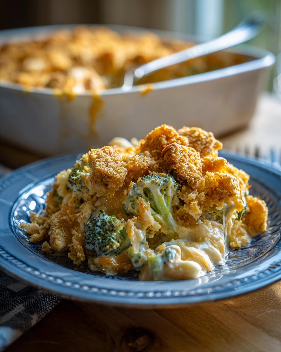 A serving of creamy broccoli cheese casserole topped with golden breadcrumbs on a blue plate.