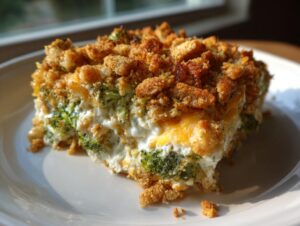 A close-up of a slice of creamy broccoli cheese casserole, topped with golden brown breadcrumbs and melted cheese.