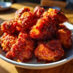 A close-up shot of a bowl filled with crispy, golden-brown buffalo cauliflower bites coated in a vibrant red buffalo sauce.
