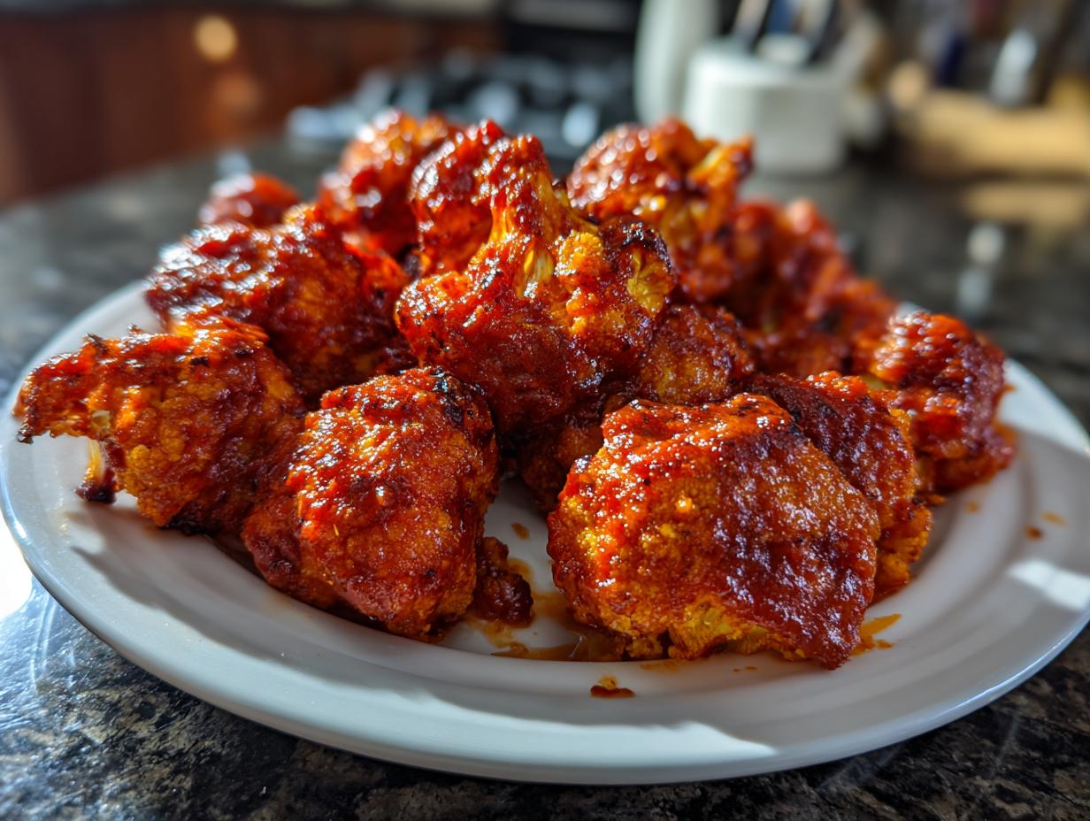 A close-up shot of a plate piled high with crispy Buffalo cauliflower bites coated in a vibrant red sauce.