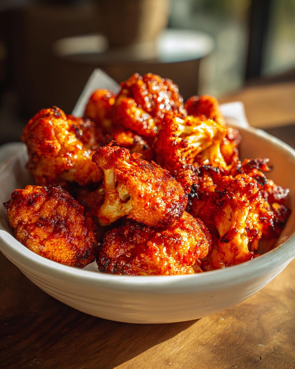A close-up of a white bowl filled with delicious buffalo cauliflower bites, coated in a glossy red sauce.