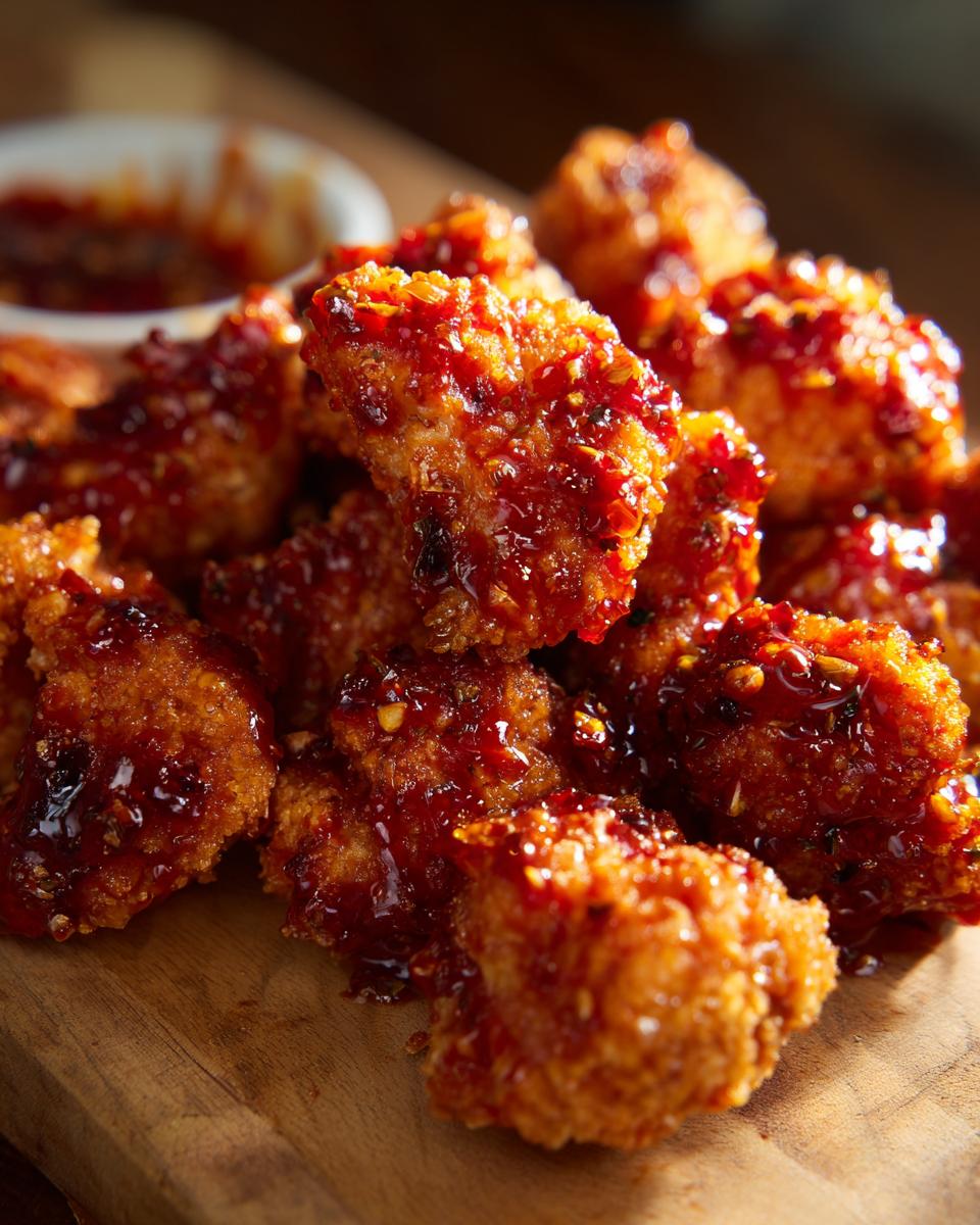 Close-up of crispy Buffalo cauliflower bites coated in a glossy red sauce, served on a wooden board with a small dish of dipping sauce.