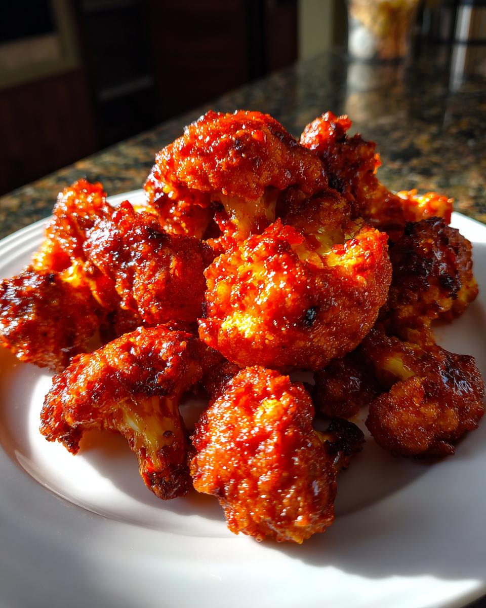 A close-up shot of a pile of glistening Buffalo cauliflower bites on a white plate.
