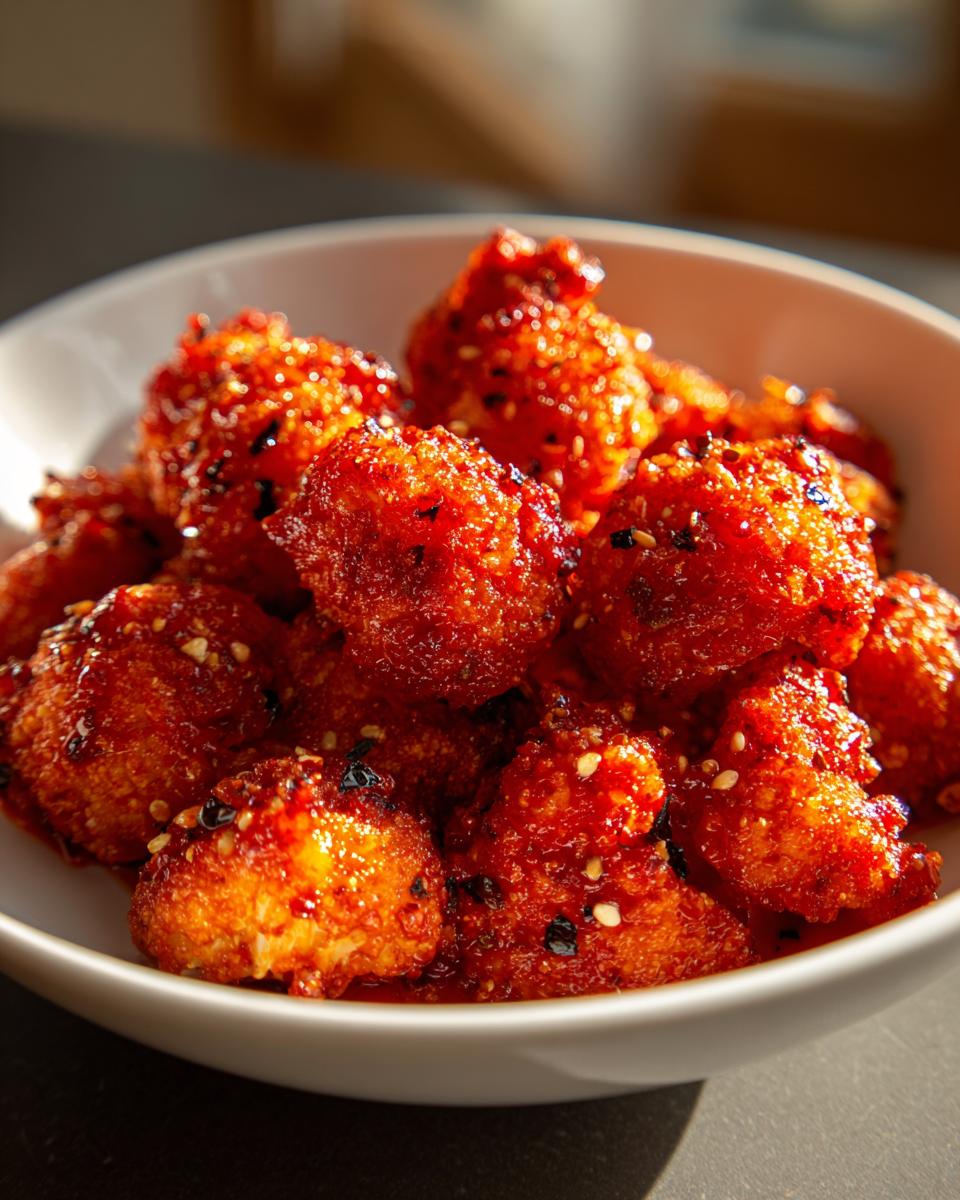 Close-up of delicious Buffalo cauliflower bites coated in a vibrant red sauce and sprinkled with sesame seeds.