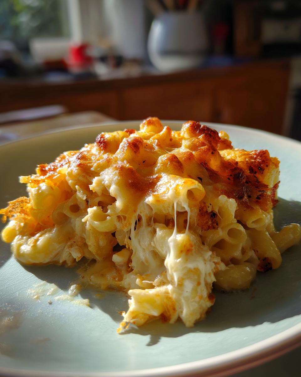 A close-up of a serving of Buffalo chicken casserole, featuring macaroni, shredded chicken, and melted, gooey cheese.