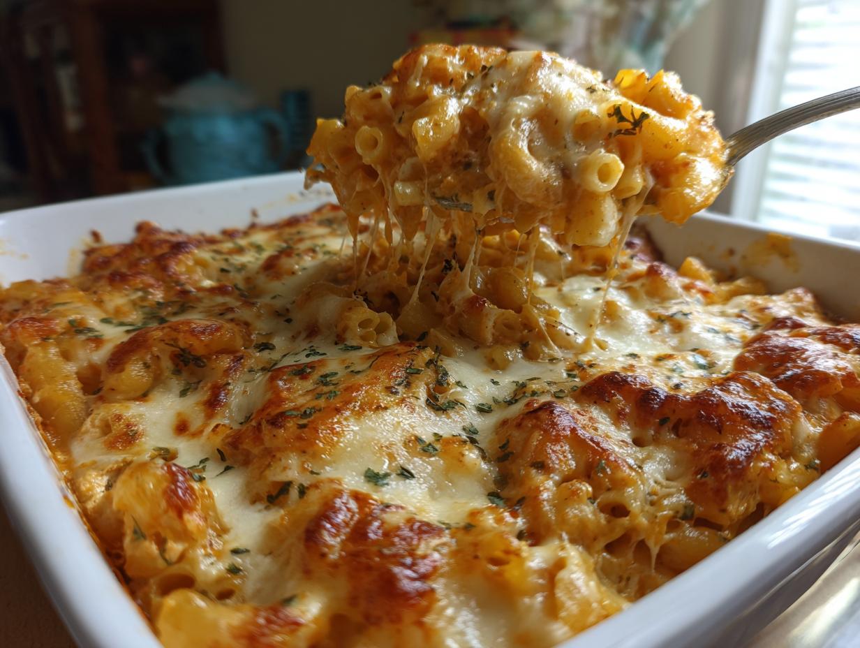 A spoonful of cheesy Buffalo chicken casserole with macaroni, showing melted cheese strings.