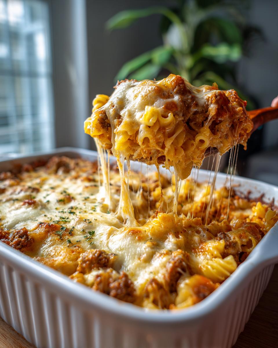 A scoop of cheesy Buffalo chicken casserole with pasta, showing melted cheese strings.