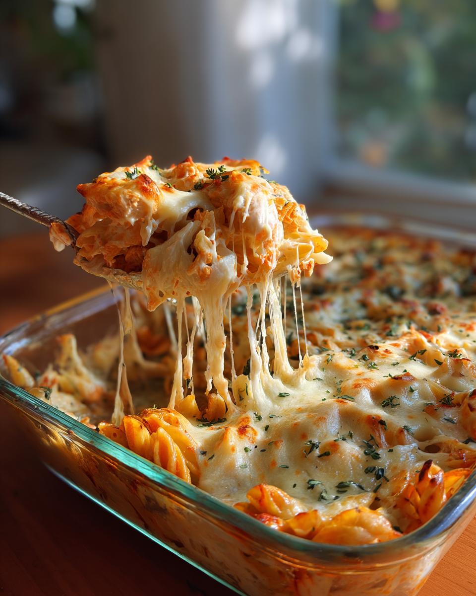 A serving spoon lifts a cheesy portion of Buffalo chicken casserole, showing long strands of melted mozzarella cheese.