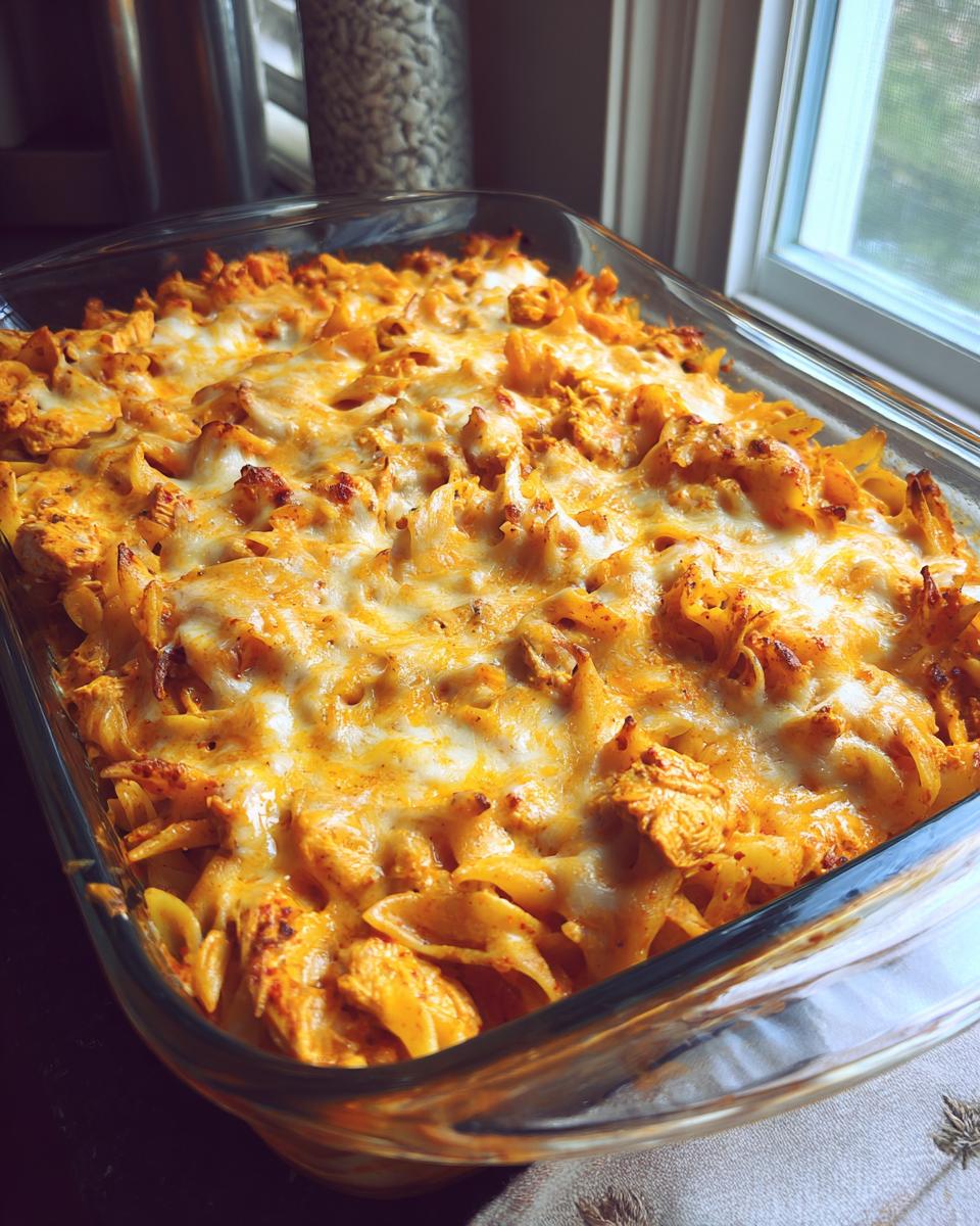 A close-up view of a bubbling Buffalo chicken casserole in a glass baking dish, topped with melted golden cheese.