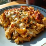 A close-up of a serving of Buffalo chicken casserole with pasta, topped with melted cheese and herbs.
