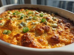 A close-up of bubbling, cheesy buffalo chicken dip topped with green onions and blue cheese crumbles.