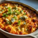 A close-up of bubbling hot buffalo chicken dip in a white baking dish, topped with crumbled blue cheese and chopped green onions.