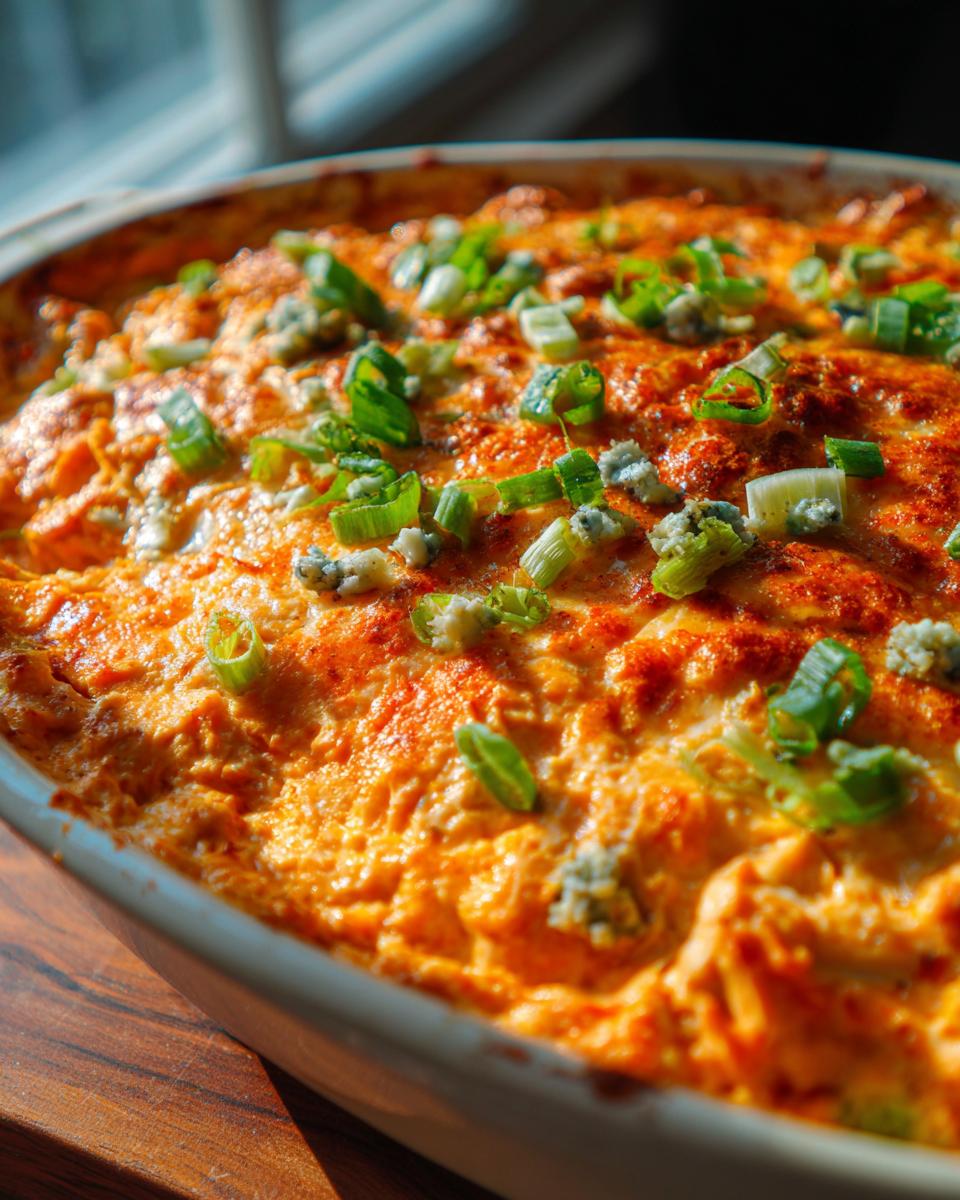 Close-up of bubbling buffalo chicken dip topped with crumbled blue cheese and chopped green onions.