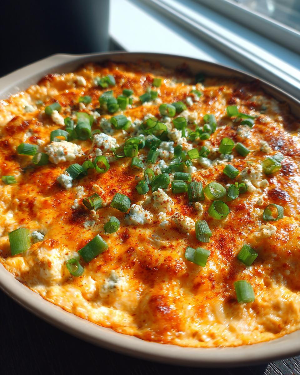 Close-up of a bubbling buffalo chicken dip topped with crumbled blue cheese, chopped scallions, and paprika.