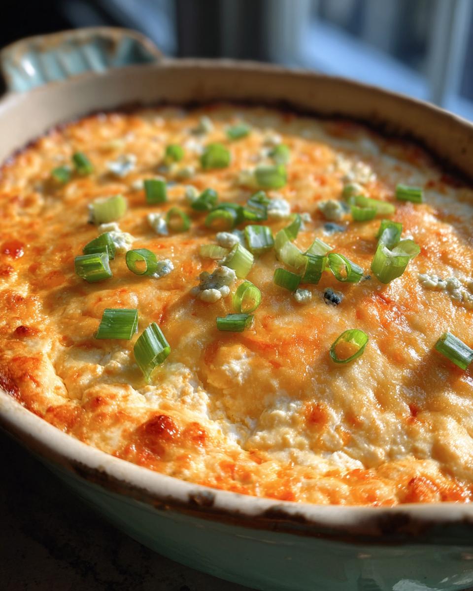A close-up of bubbly, cheesy buffalo chicken dip in a baking dish, topped with chopped green onions and blue cheese crumbles.