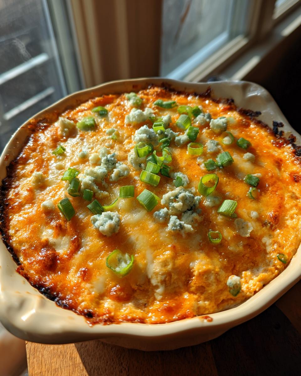 A close-up of bubbling buffalo chicken dip topped with melted cheese, blue cheese crumbles, and chopped green onions.