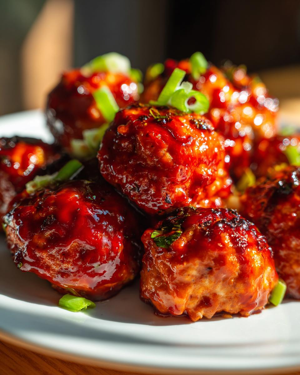 Close-up of a plate piled high with juicy buffalo chicken meatballs, glazed with a rich sauce and topped with chopped green onions.