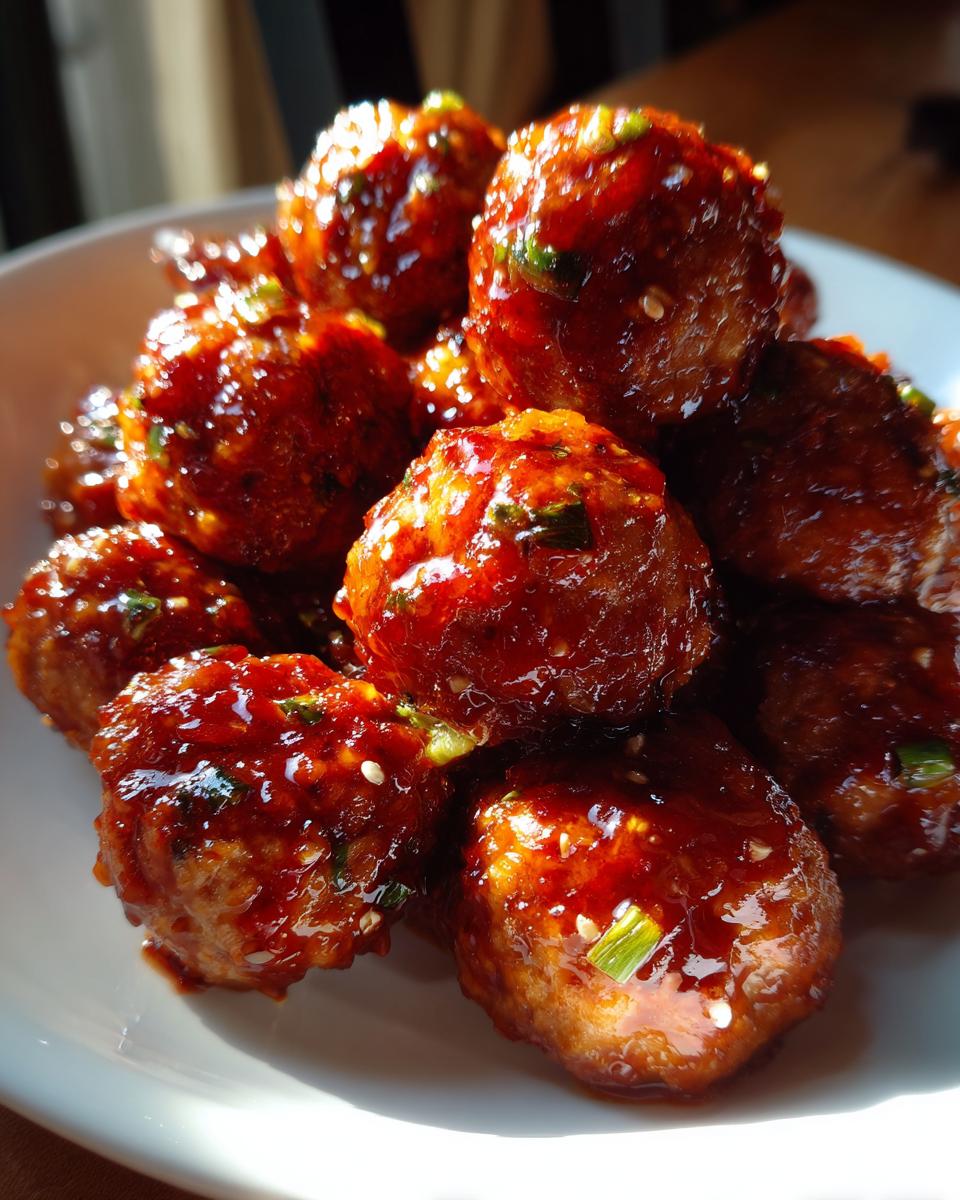 Close-up of a pile of juicy buffalo chicken meatballs coated in a glossy, spicy glaze, sprinkled with sesame seeds and green onions.