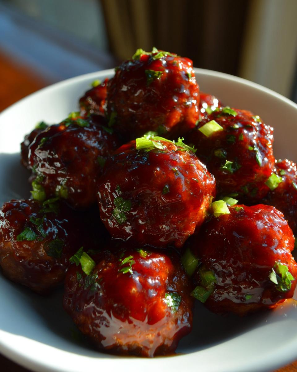 Close-up of a bowl filled with glossy buffalo chicken meatballs, garnished with chopped green onions and herbs.