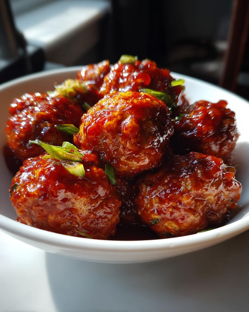A close-up of several juicy buffalo chicken meatballs coated in a glossy red sauce and garnished with green onions.