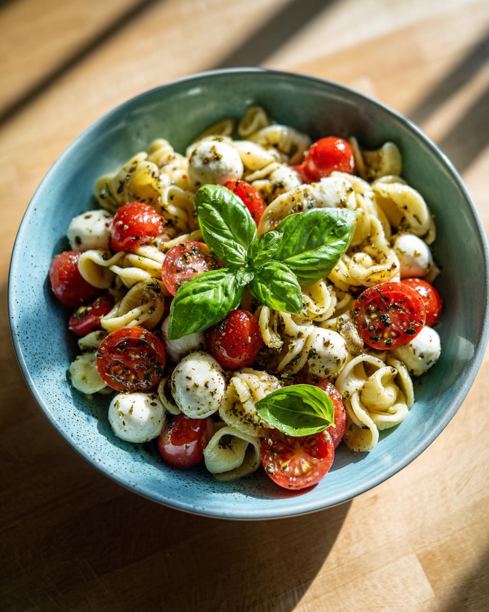 A vibrant bowl of caprese pasta salad featuring orecchiette pasta, halved cherry tomatoes, fresh mozzarella balls, and basil leaves.