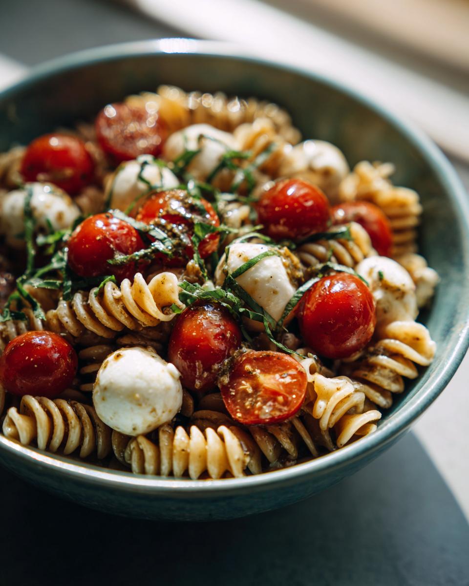 A close-up of a bowl of caprese pasta salad featuring fusilli pasta, cherry tomatoes, and fresh mozzarella balls, garnished with basil.