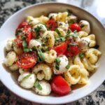 A close-up of a bowl of caprese pasta salad featuring fresh mozzarella balls, cherry tomatoes, and basil.