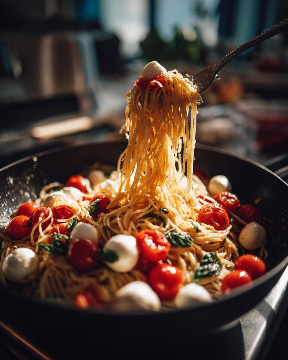 A fork lifts a portion of caprese pasta salad, showcasing spaghetti, cherry tomatoes, and fresh mozzarella balls.