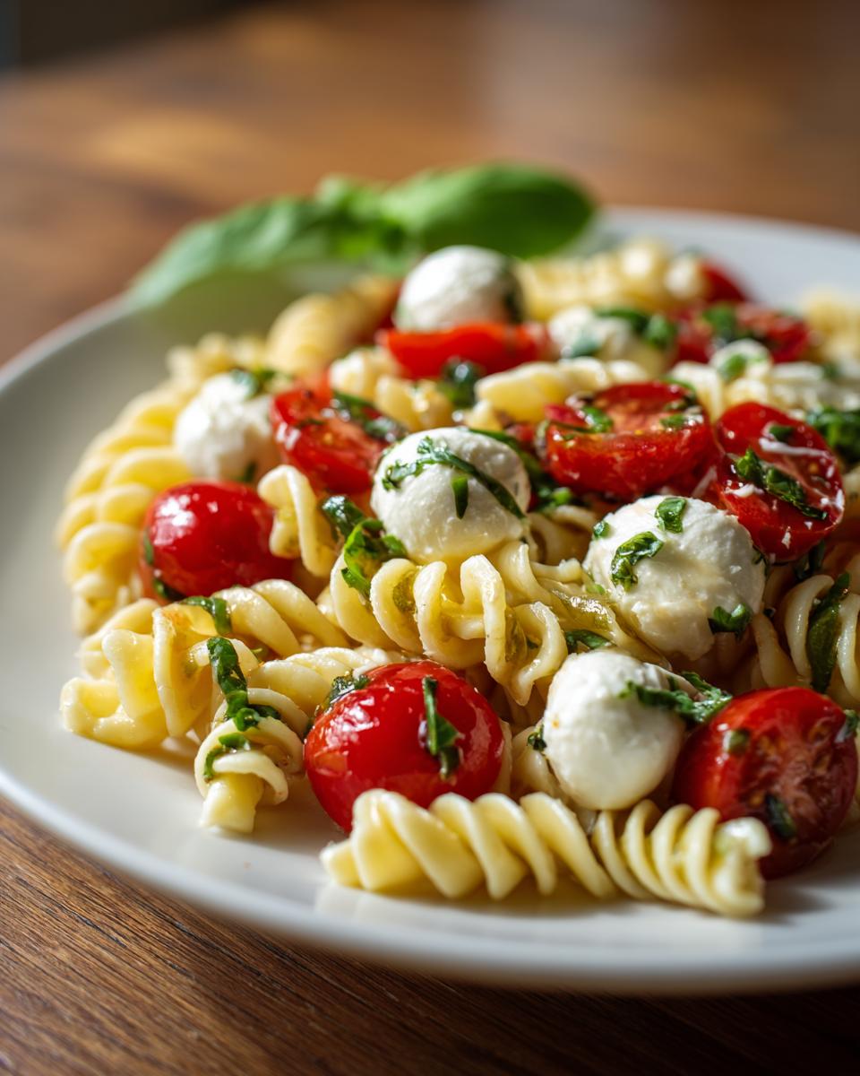 A close-up of a vibrant caprese pasta salad featuring fusilli pasta, cherry tomatoes, and fresh mozzarella balls, garnished with basil.