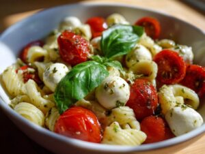 A close-up of a bowl of caprese pasta salad with cherry tomatoes, mozzarella balls, and basil.