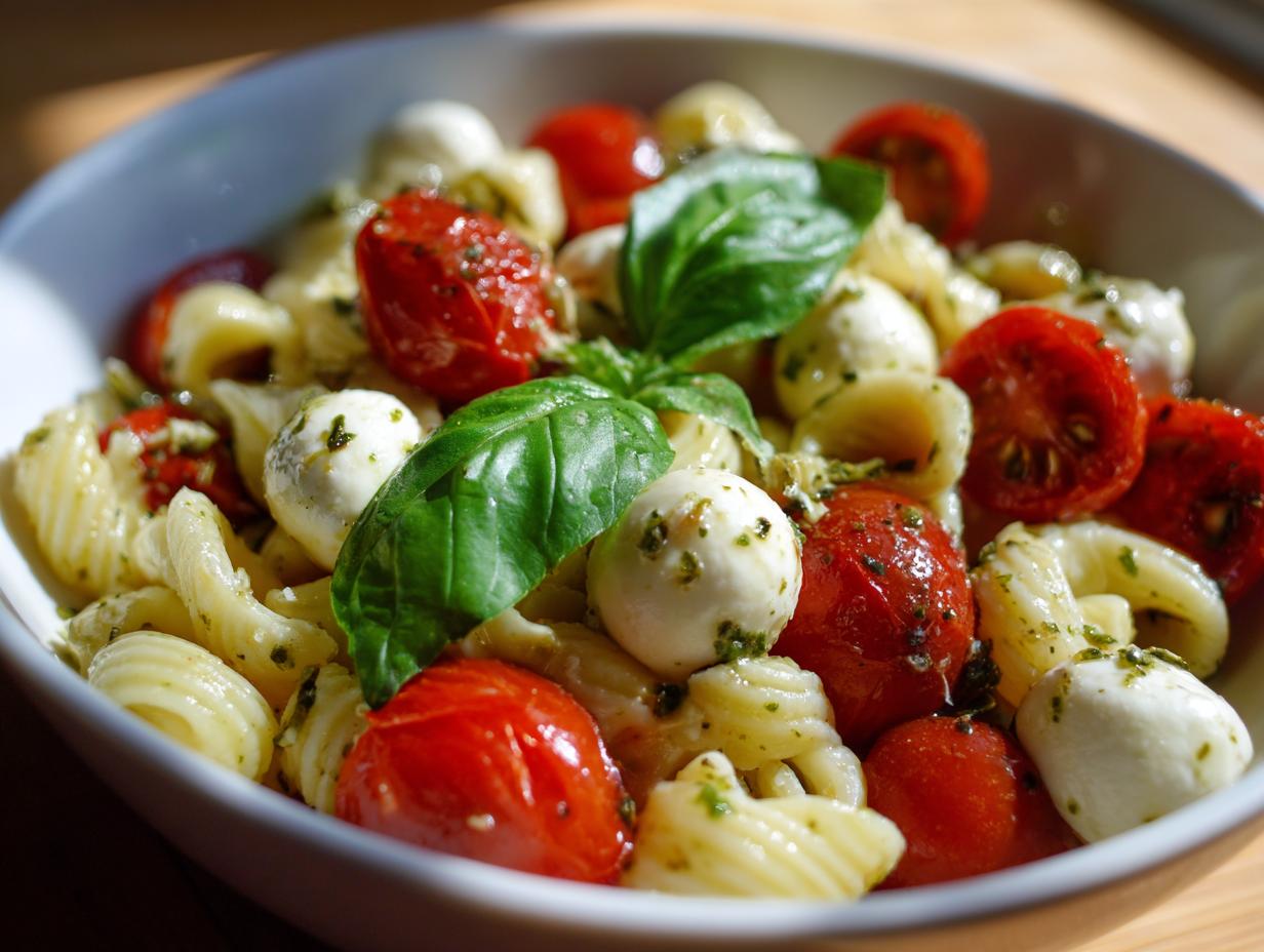 A close-up of a bowl of caprese pasta salad with cherry tomatoes, mozzarella balls, and basil.