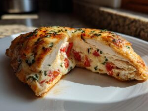 A close-up of a caprese stuffed chicken breast, cut in half to reveal melted mozzarella and diced tomatoes inside, topped with herbs.