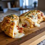 A close-up of a caprese stuffed chicken breast, cut in half, with melted mozzarella cheese oozing out and sprinkled with parsley.