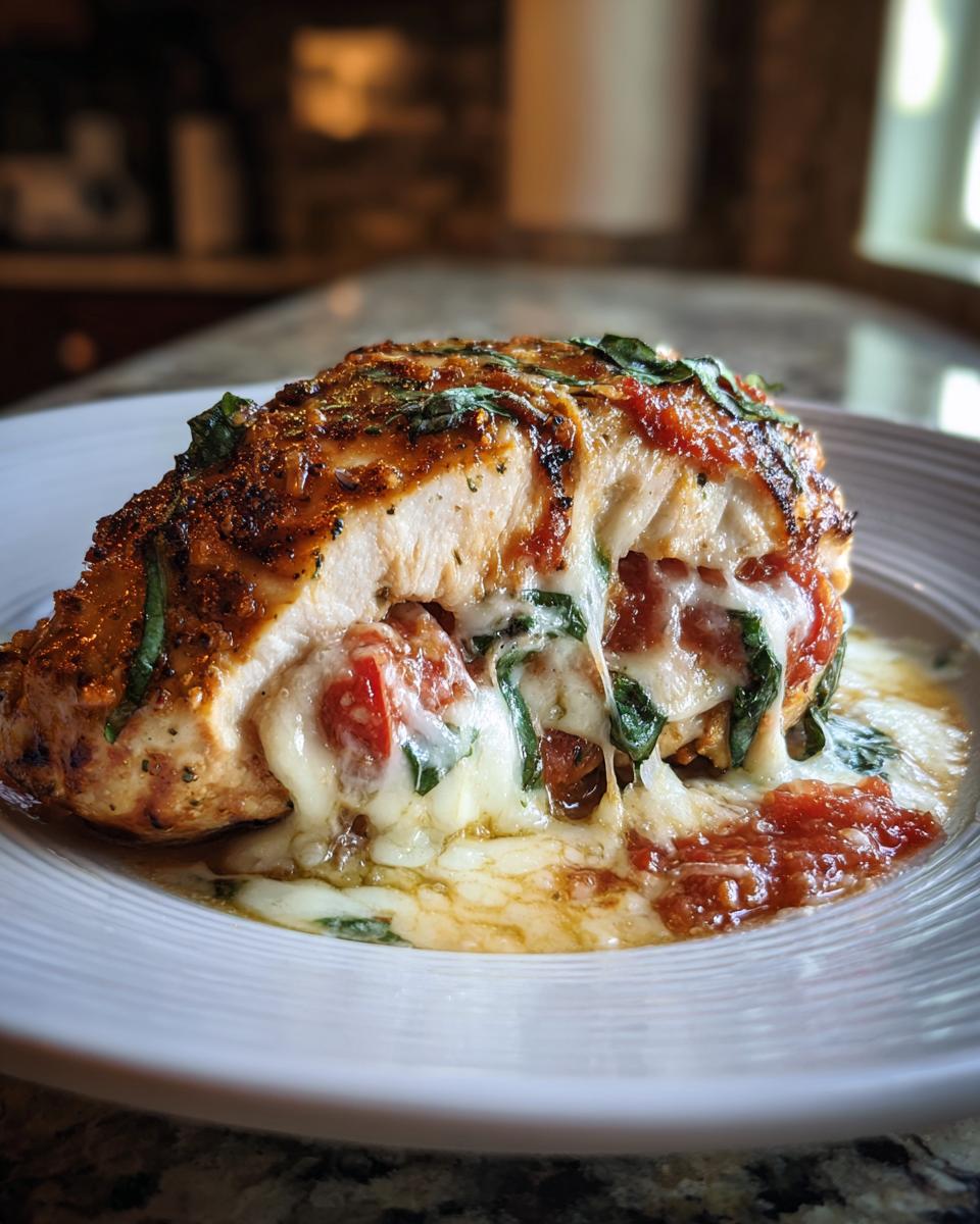 A close-up of a caprese stuffed chicken breast, oozing with melted mozzarella cheese, tomatoes, and basil.