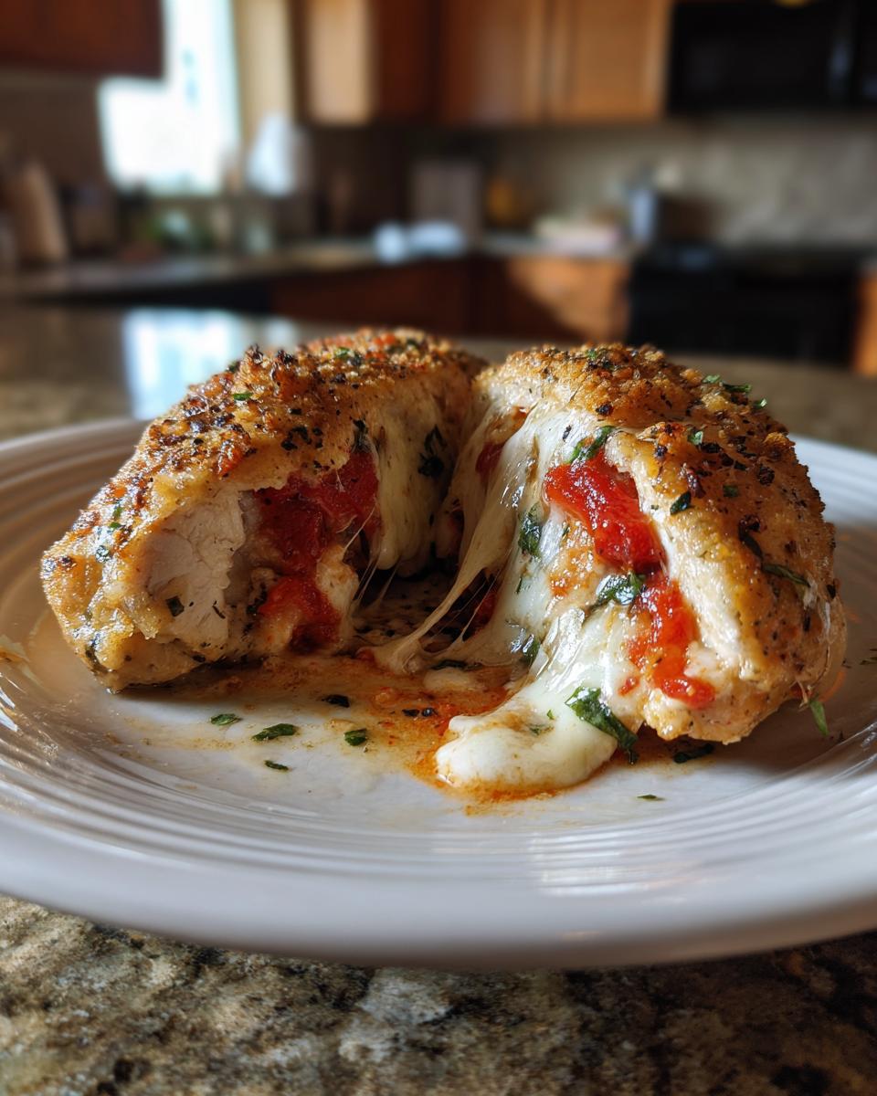 A close-up of a caprese stuffed chicken breast, cut in half, revealing melted mozzarella cheese and tomato filling.