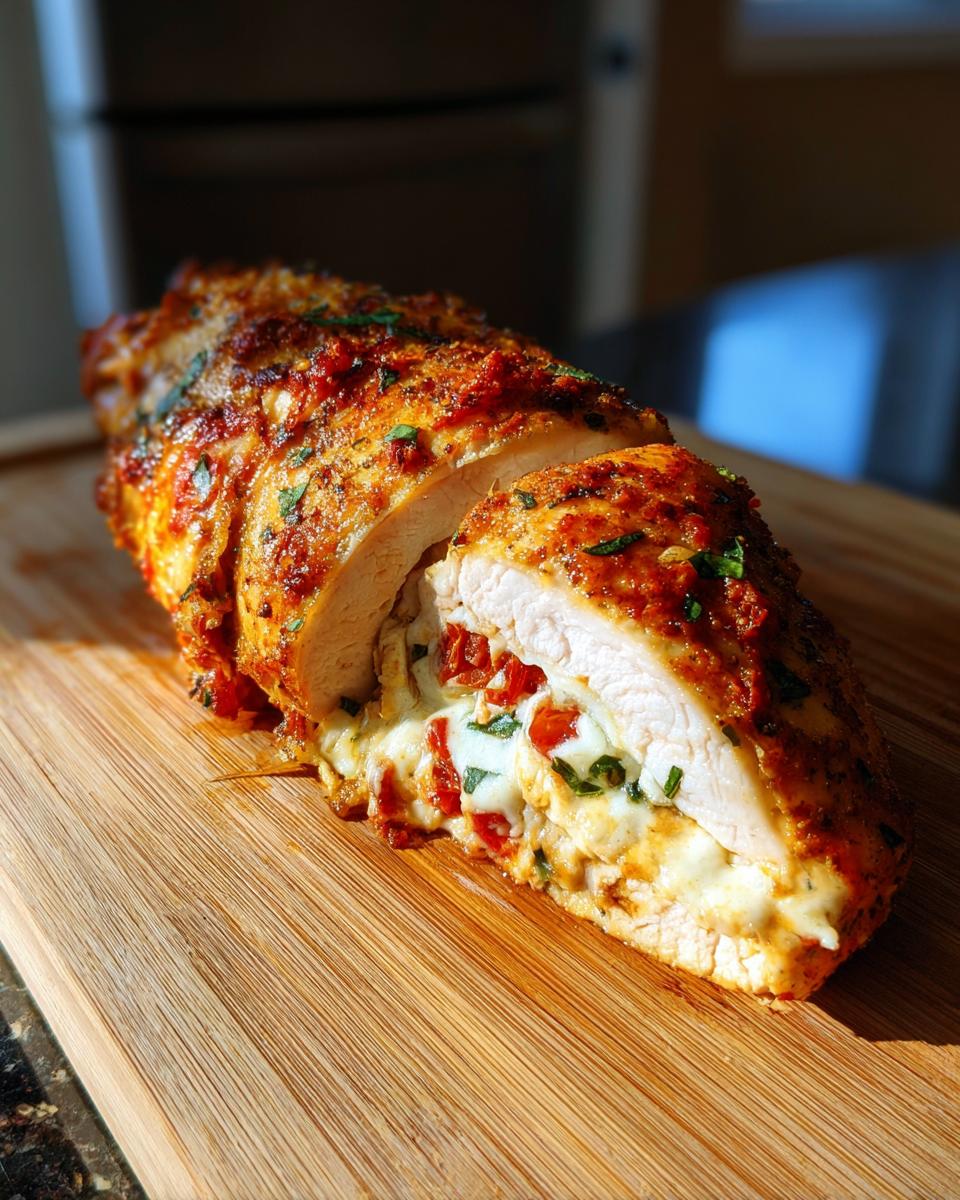 A close-up of a sliced caprese stuffed chicken breast, revealing melted mozzarella and sun-dried tomatoes inside.