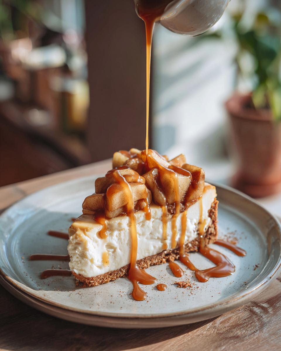 A slice of caramel apple cheesecake being drizzled with caramel sauce.